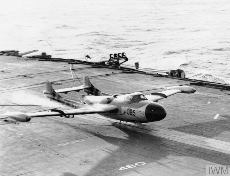 DH.112 Sea Venom FAW.21 (WW281) of 893 NAS hit by AAA traps on HMS Eagle with no undercarriage during Suez Crisis, 2-11-56