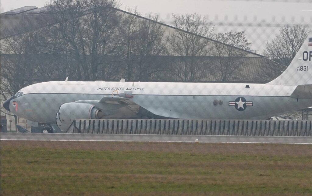 The USAF WC-135R Constant Phoenix, seen here at RAF Mildenhall in Suffolk on Thursday, can detect radioactive particles in the atmosphere Credit: Stephen Huntley